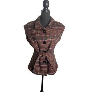 Cabi Women's Brown Wool Plaid Button Front Belted Tweed Vest M